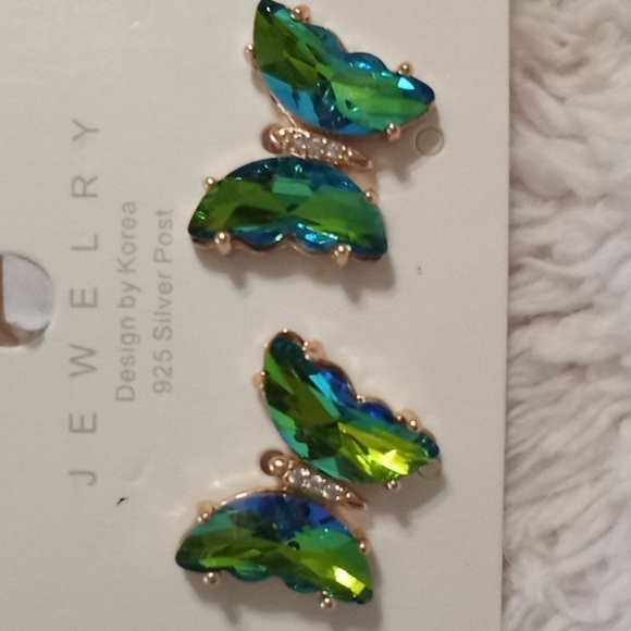 Jewelry - Iridescent Green with Rhinestones Butterfly Post Earrings